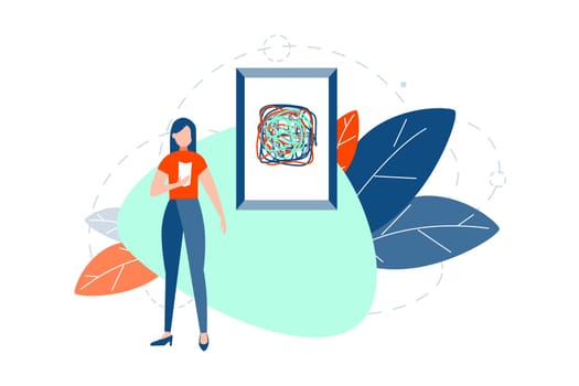 Modern abstract art, exhibition concept. Young woman or girl stands near abstract painting or design picture at modern art exhibition at gallery. Showpiece or exposition at museum. Simple flat vector