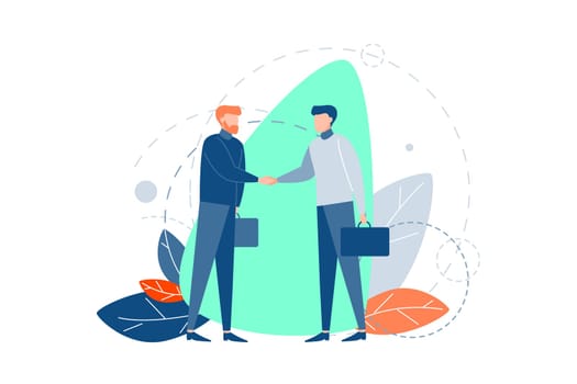 Partnership, agreement, negotiation, business concept. Two businessmen partners made deal at meeting in office. Boys managers came to agreement at negotiations, shaking hands. Team. Flat vector