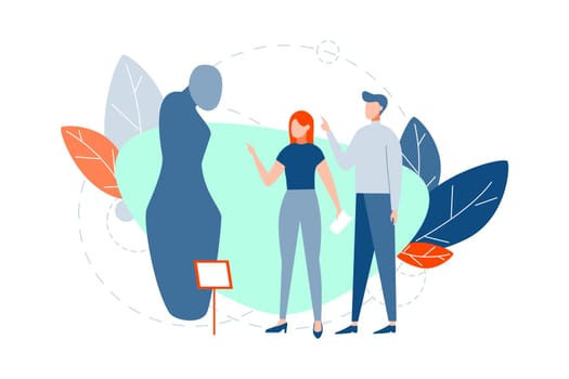 Museum exhibition, modern art, sculpture concept. Man woman look and show at statue or sculpture at museum. Boyfriend girlfriend are at modern design abstract art exhibition at gallery. Simple vector