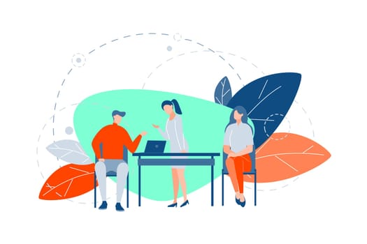 Teamwork, coworking, business concept. Young business women, business man do teamwork at office. Coworking leadership process within team between boy and girls managers or clerks. Flat vector
