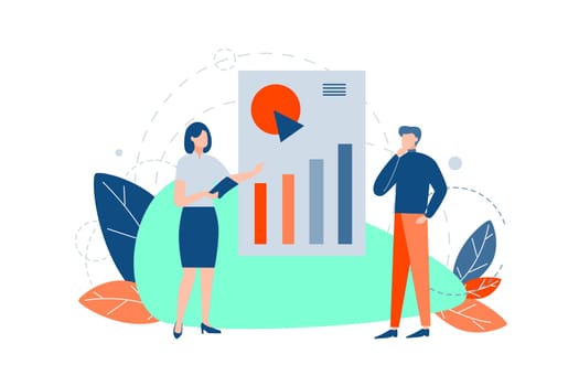 Business presentation, training, analysis, plan concept. Businesswoman leads training, showing charts, graphs. Clerk demonstrates presentation company profit growth to man boss, manager. Business team