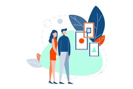 Exhibition, picture, cubism, modern futurism art concept. Young couple, guy and girl stand look at pictures in cubism style. Man woman are at exhibition of modern art in gallery. Simple flat vector