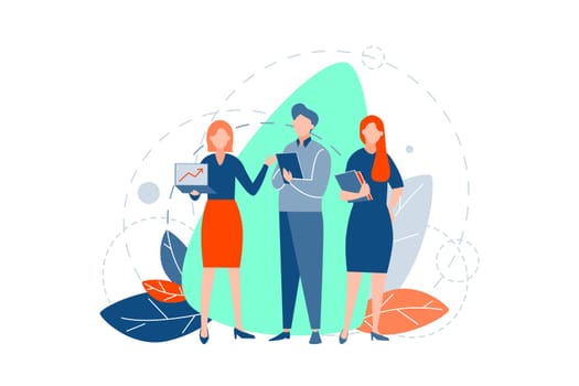 Team, teamwork, coworking, business concept. Illustration of young team, business man and businesswomen, doing teamwork or coworking. Businesspeople, office clerks or managers partnership. Flat vector