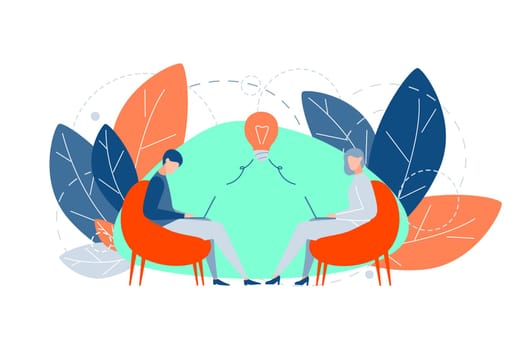 Brainstorm, teamwork, idea, business concept. Young businesswoman and businessman work on project doing teamwork. Boy and girl, clerk and manager got idea, during brainstorming. Flat vector