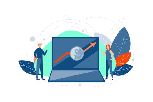 Profit growth, exchange rate, success business concept. Team businesspeople business man, woman manager do teamwork in office. Raising dollar exhange rate. Money profit, successful capital growth.