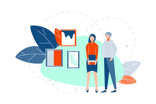 Art exhibition, abstract paintings concept, Young couple, boyfriend girlfriend look at set of abstract paintings or pictures at museum. Man and woman are on modern art exhibition at gallery. Vector