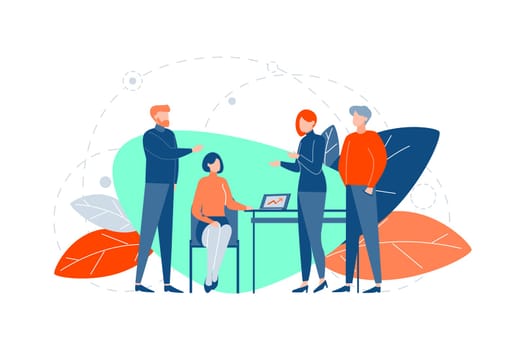 Teamwork, coworking, business meeting concept. Company team members businessmen and women managers or clerks have meeting at office. Businesspeople work as team. Collaboration or coworking at project.