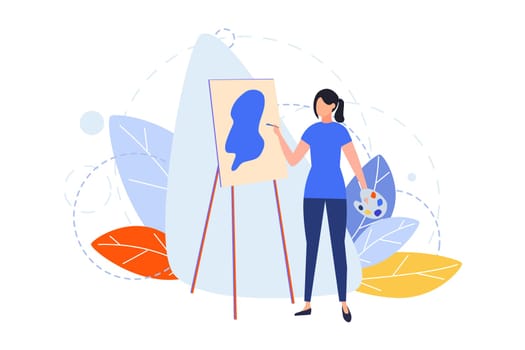 Drawing, hobby, creativity, occupation, design concept. Illustration of woman girl painter drawing picture at easel with paintbrush. Art image of people hobby, profession, lifestyle. Flat vector