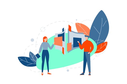Team, smart, coworking, partnership concept. Young businesspeople coworkers do teamwork on touch screen. Modern business communication. Team collaboration or partnership in coworking. Flat vector