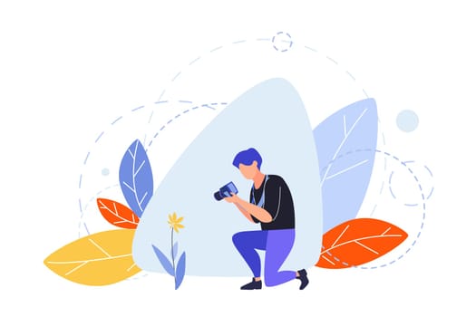 Hobby, photographing, creative occupation concept. Illutration of man, boy, male blogger, journalist or photographer with camera. Art image of creative profession, hobby, lifestyle. Flat vector