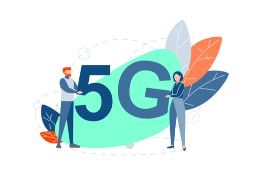Innovative 5g technology concept. Modern technology development. Young man woman, boy girl use devices, gadget. Wireless 5g Internet communication in digital network. Modern innovation. Flat vector.