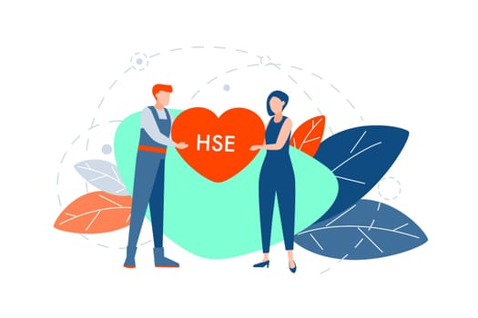 Healthcare, safety, environment concept. Young couple, man and woman are holding big heart together with hse letters on it. Health protection and enviromental care lifestyle illustration. Flat vector