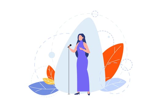 Singing, hobby, creative occupation concept. Illustration of woman girl singer, celebrity star with microphone on scene. Stage perfomance. Peoples hobby and profession, creative lifestyle. Flat vector