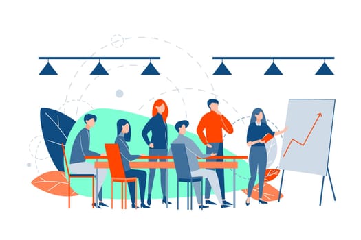 Business presentation, training, analysis, plan concept. Group, team of business people at office together. Business training presentation, profit growth demonstration. Coworking teamwork, cooperation