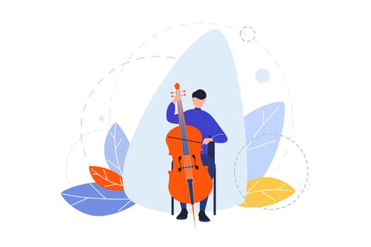 Creative profession, hobby, musician concept. Man, boy musician with contrabass playing in orchestra. Concert with musical instrument. Art image of creative occupation, lifestyle, hobby. Flat vector