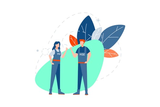 Health, safety, environment, insurance concept. Young couple man and woman, boy girl, builder or engineer stand together in overall with hse abbreviation. Health protection and environmental safety.