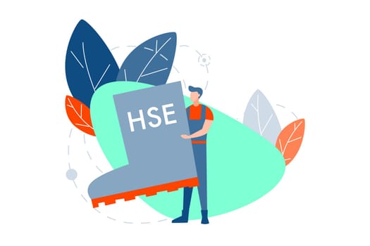 Industrial hse concept. Young man or boy, builder or engineer in overall is standing and holding big boot with hse abbreviation. Health care, industrial enviromental protection symbol. Flat vector