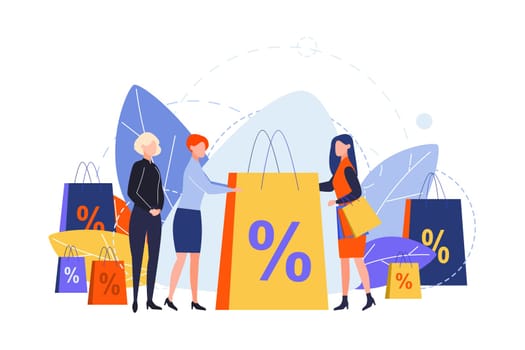 Shopping, purchasing, sale, buy or discount concept. Illustration of buy, shopping or service. Commercial sales, big procent discounts for goods, orders. Profitable purchasing. Customer and seller. Vector