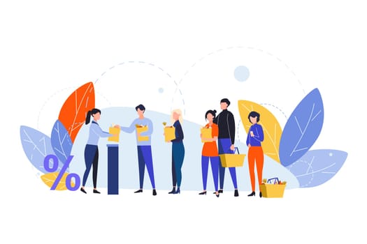 Shopping, queque, checkout, purchasing, sale concept. People customers queue at cash register in food store. Cashiers checkout. Shops sales, discounts for goods. Men, women with purchases in handbags.