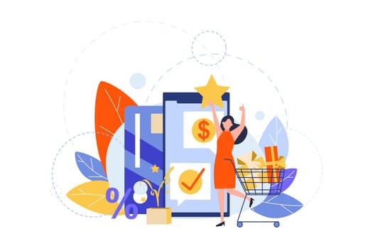 Online shopping, sale, payment, checkout concept. Commercial checkout, online payment, verification, sale, retail, cashback on device for customer application. Shop discount for womans purchasing.
