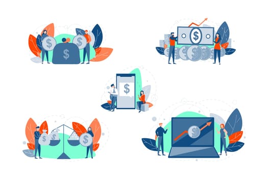 Money, profit, investment, business set concept. Young business men businesswomen hold money, cash coin paper with dollar sign. Collection of business people team. Making investments and profit.