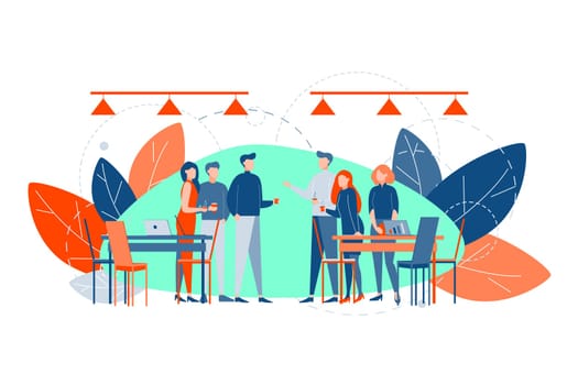 Business meeting, break, corporate party, teamwork, communication concept. Team of businesspeople coworker business men women together. Corporate coffee break at office. Business meeting communication