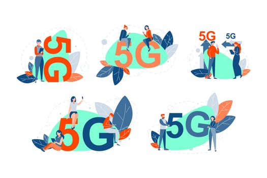 5g network set concept. 5g network wireless technology collection. Different people, men and women use 5g techonology. High speed mobile Internet. Usage of modern digital devices. Flat vector