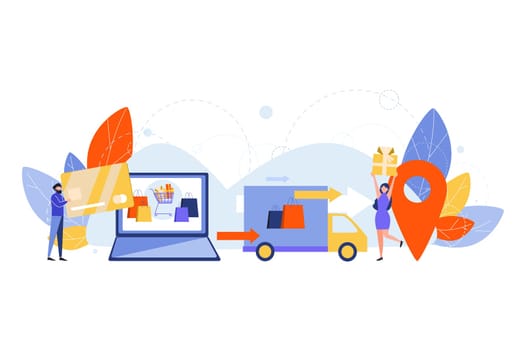Purchase delivery, online shopping concept. Process of online purchasing. Making order delivery logistics. Online payment for goods, gifts. Smart GPS marking. Sales and discounts in estores. Ecommerce
