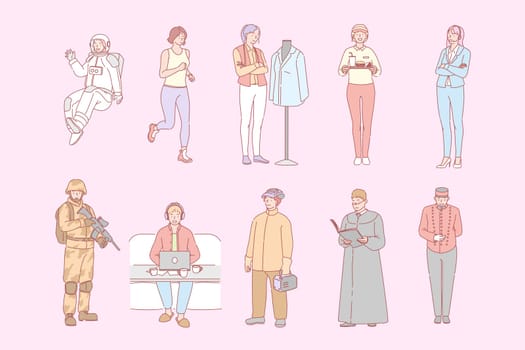 Different people occupations, set concept. People boys and girls occupated in different jobs or work. Collection of astronaut, athlete, bell boy, cashier, welder, military, priest, clothier. Labor day