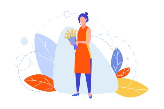 Floristics, hobby, creativity, occupation, business concept. Illustration of businesswoman girl florist with bouquet of flowers. Art image of hobby and profession, creative lifestyle. Flat vector