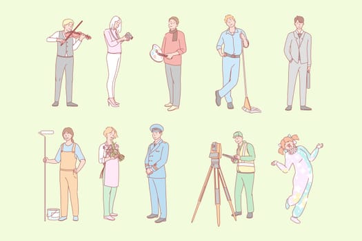 Various lines of work, labor day set concept. Men and women workers at different job or profession. Collection of florist, cleaner, engineer, musician, clown, artist, photographer, businessman, pilot
