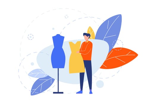 Creative profession, hobby, clothier concept. Illustartion of man, boy clothier, couturier, atelier with dress near mannequin. Art image of peoples hobby, occupation. Creative lifestyle. Flat vector