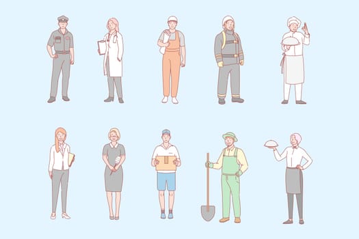 Man and womans proffesions, jobs set concept. Men women, boys girls have different occupation. Collection of policeman, cooker, gardener, waiter, doctor, builder, firefighter, maid, postman Labor day