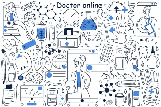 Doctor online doodle set. Collection of hand drawn templates patterns of man patient using mobile phone for chatting witch doctor on social media or network. Digital medical consultation illustration.