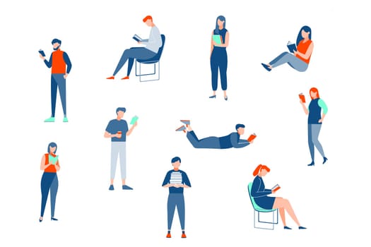 Reading people, education set concept. Collection of young people men and women teenagers reading books. Illustration of boys girls students, pupils read educational books, prepare for exam. Vector