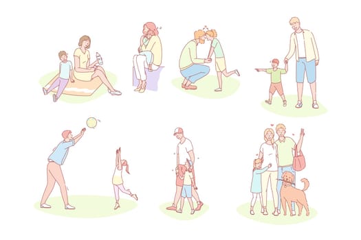 Family, childhood, motherhood, fatherhood set concept. Young parents with happy children spend time together on holiday. Collection of loving families, fathers, mothers, kids. Fathersday mothers day