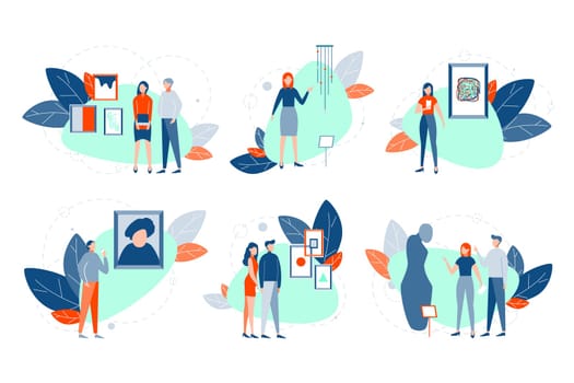 Modern art exhibition set concept. Collection people men and women standing near showpieces, paintings, scultures, installations of modern art exhibition in museum or art gallery. Flat vector