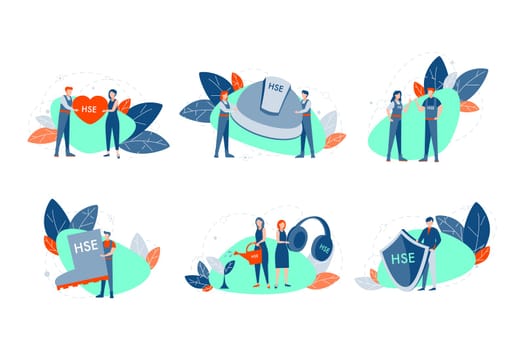 Health, safety, environment set concept. Young men women demonstrate helmet, shield, boot and heart with HSE abbreviation. Symbols of modern problem of healthcare and safe enviroment. Flat vector