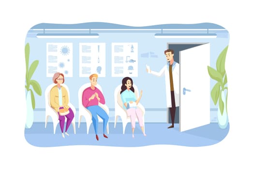 Patient, examination, queque, medicine concept. Doctor calls waiting people man and women cartoon characters sitting in line in hospital hall to cabinet. Healthcare and medical reception illustration.