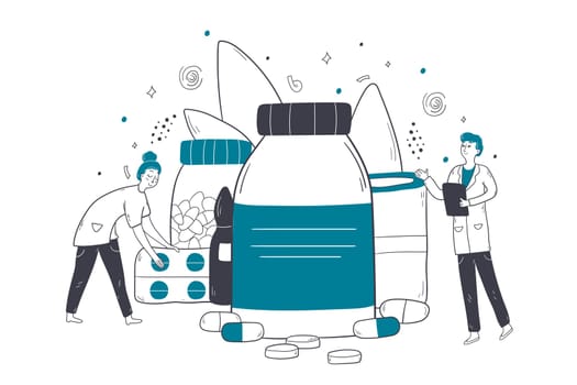 Healthcare, medicine checkout, pharmacy concept. Man woman doctors pharmacists characters stand near medical pills and bottles in drugstore. Hospital clinic staff choosing medicaments illustration.