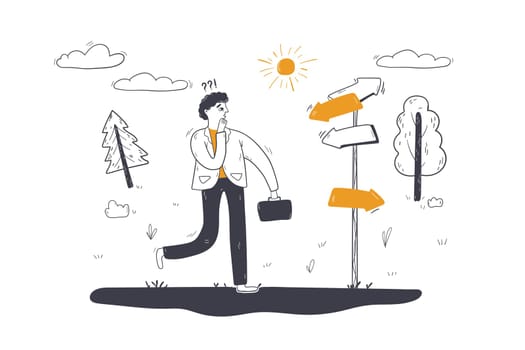 Business, direction choice, dilemma concept. Thoughtful confused businessman manager standing at crossroads choosing way thinking about right path. Start of career and road selection illustration.