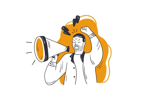 Protest, promotion, manifestation concept. Young angry man guy activist man speaker screaming in megaphone loudspeaker protesting for human rights. Strike against violence social riot illustration.