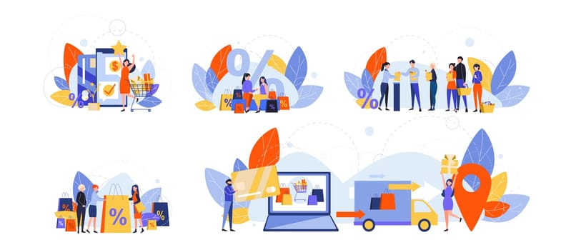 Online, shopping, ecommerce, black friday, sale set concept. Collection of people men women boys and girls, doing online shopping. Ecommerce, retail, sale, delivery, discount and online payment.