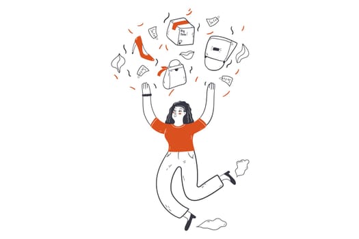 Fashionable shopping, sale, consumerism concept. Young happy woman consumer customer cartoon character throwing shop or gift fashion bags. Purchasing on discount and retail presents illustration.
