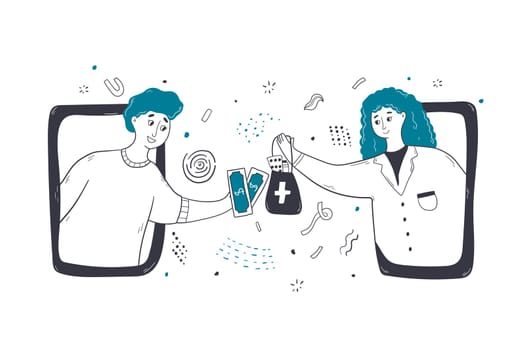 Healthcare, medicine, online drustore concept. Man customer character buying medicaments in cashier desk digital pharmacy shop talking with pharmacist. Wireless medical purchase of medical pills.