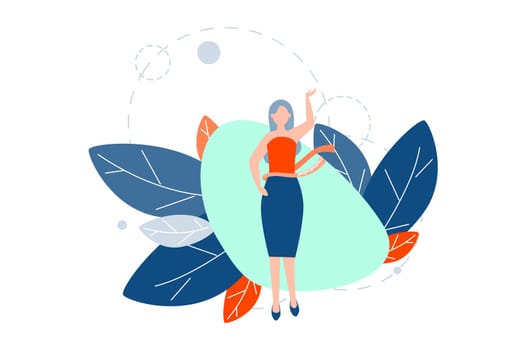 Losing of weight, body measurement concept. Young woman measures her thin body after losing weight with tape. Girl achieved goal or result to be slim and healthy after fitness diet. Simple flat vector