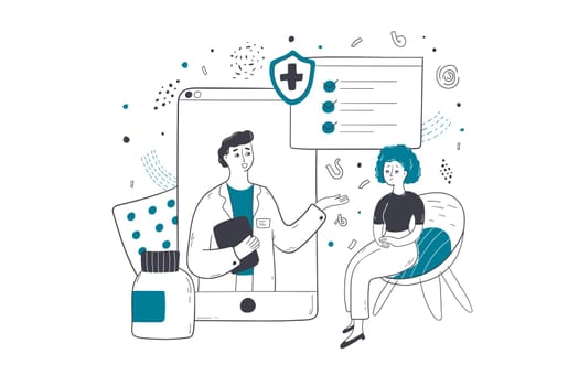 Health insurance, online medicine, consultation concept. Woman patient character communicating with man doctor hospital worker remotely filling medical document form. Healthcare support Illustration.