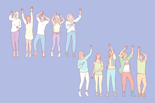Party animal concept. Set of men and women dancers. Illustration of men and women students dancers. Collection of young boys and girls teenagers dancing at disco party. Simple flat vector