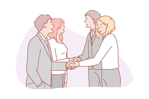 Business, partnership, collaboration, team, agreement concept. Businessmen and women partners collaborate with each other. Two business teams came to agreement at negotiations shake each others hands.