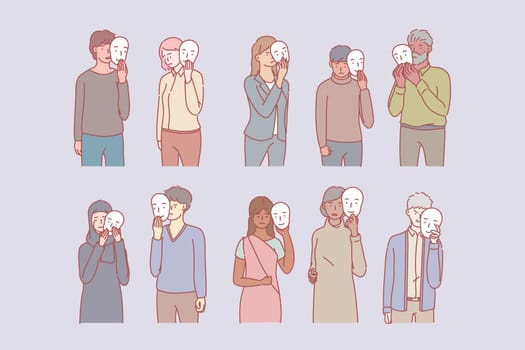 Depressed people covering emotions behind mask. Group of young multiethnic men and women hide their feelings out of masks. Boys and girls mask real feeling and disguise real face expressions.